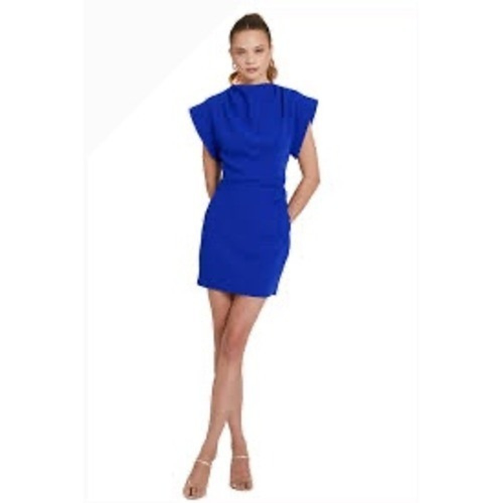 Amanda Uprichard Edrina Royal Blue Ruched Mini Dress High Neck Cap Sleeve XS NEW - Picture 2 of 9